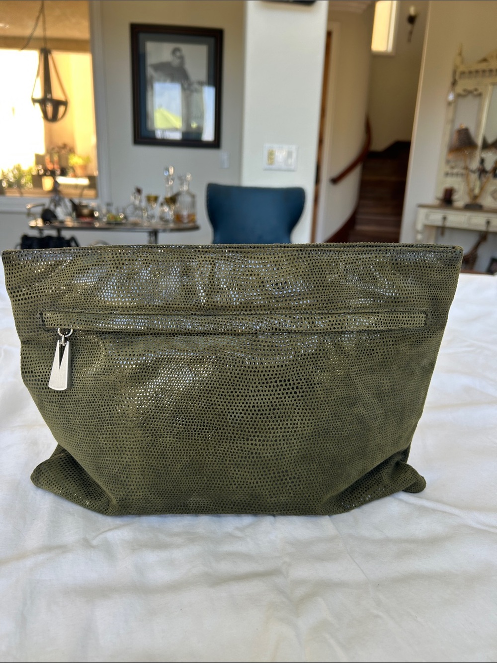 Liza Ganz New York Olive Green Textured Zip Pouch - Women Bags